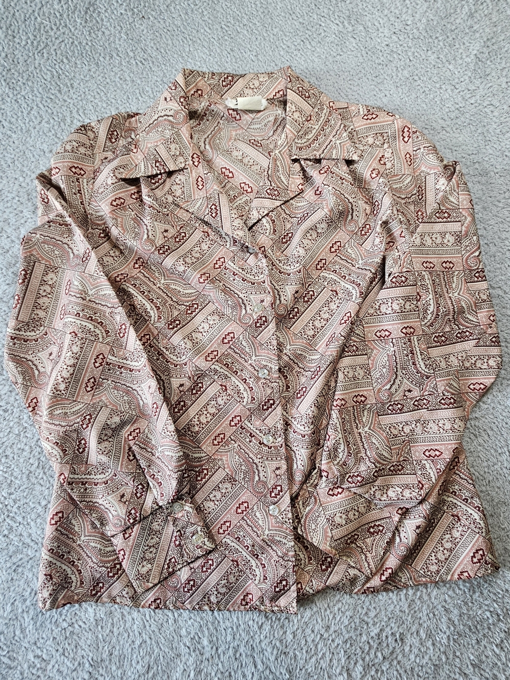 VTG 70s Mr Fine Dallas Blouse Patterned Dagger Collar Disco Polyester Shirt 16 L